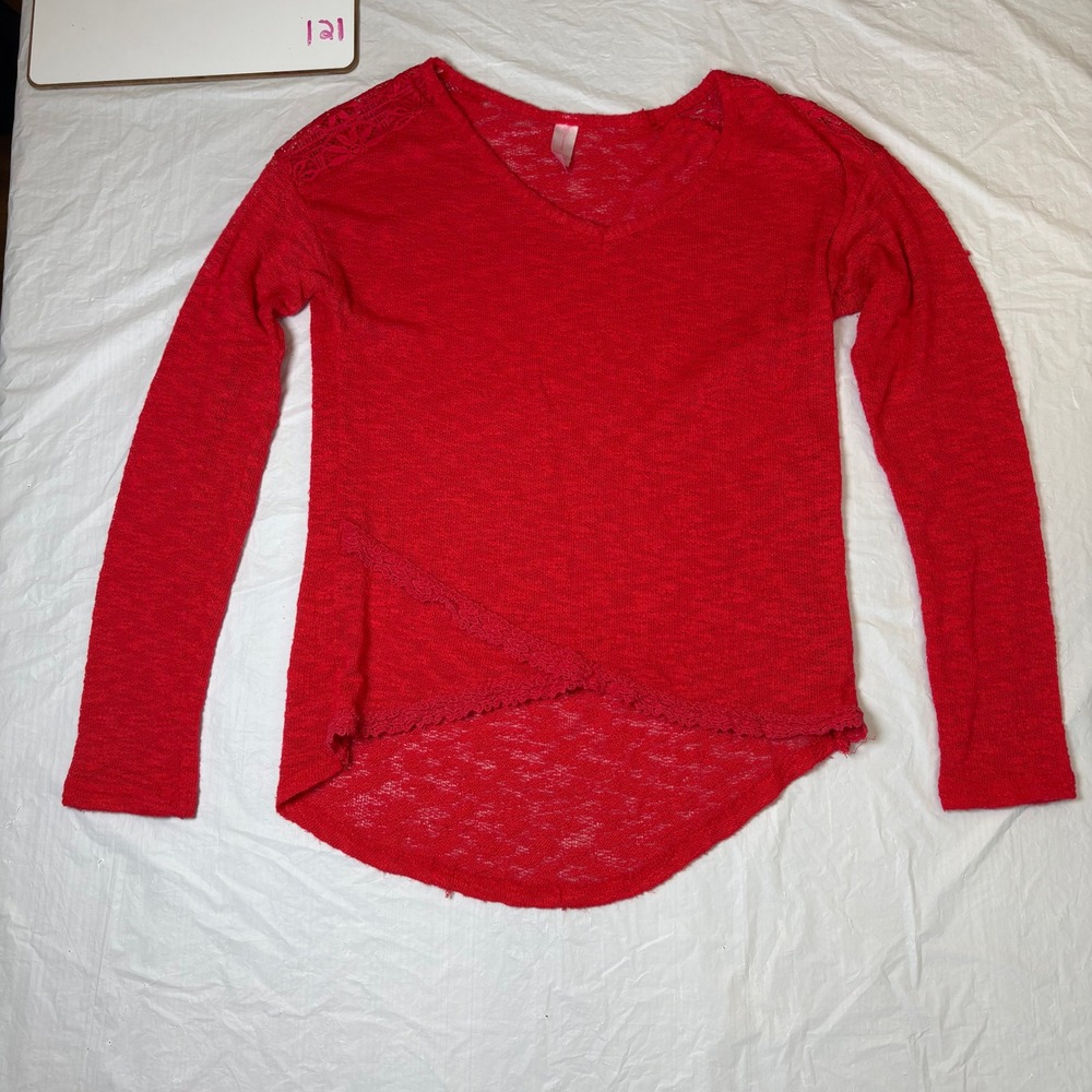 No Boundaries Red V Neck Lace Trim Long Sleeve Sweater Top Women L G 11 13